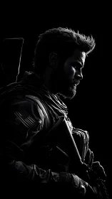 Silent profile of a lone soldier carved from darkness.