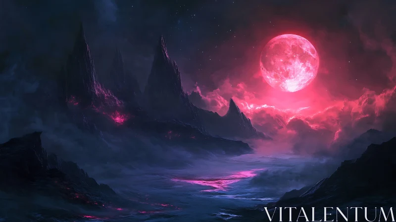 Crimson moon over jagged alien mountainscape at night.