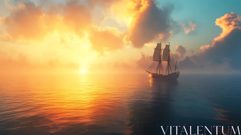Sunlit tall ship sails across calm ocean at radiant sunrise