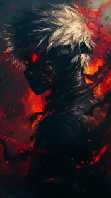 Masked cyber warrior in burning red energy storm.