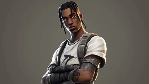 Stylized braided character in tactical streetwear pose.