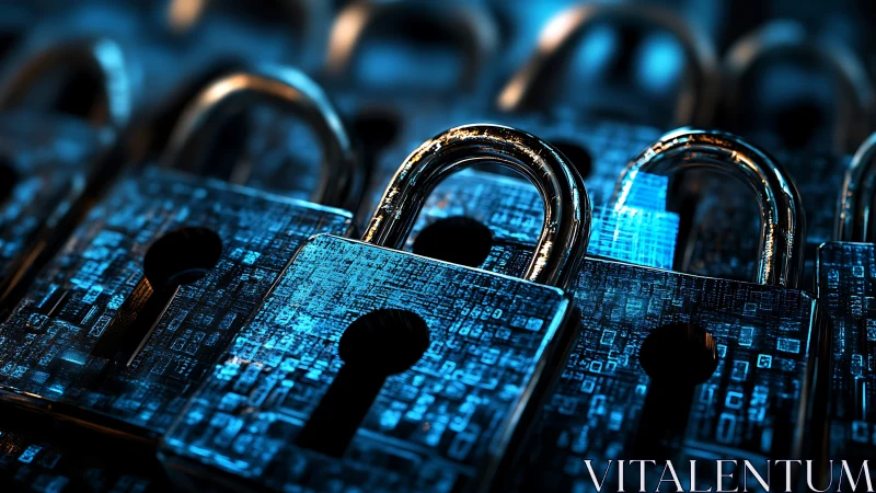 Cybersecurity padlocks over encrypted digital circuit board.