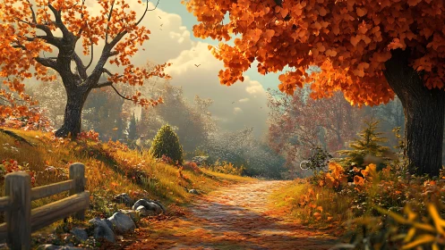 Golden autumn lane where wandering daylight lingers long.