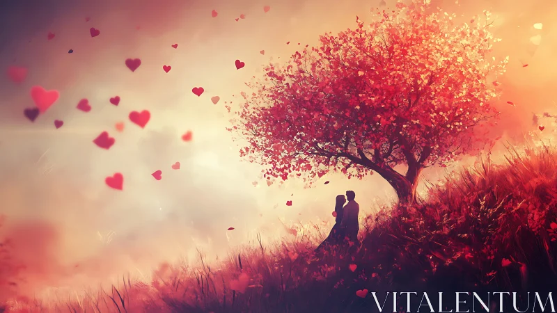 Couple beneath heart-shaped tree with floating hearts in romantic landscape.