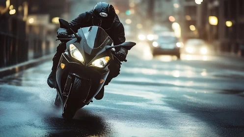 Sport motorcycle rider leaning into wet city street curve.