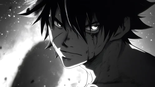 Storm-lit anime hero holding quiet rage in monochrome glow.