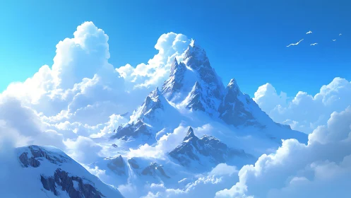 Snowy mountain peak rising above bright white cloud sea.
