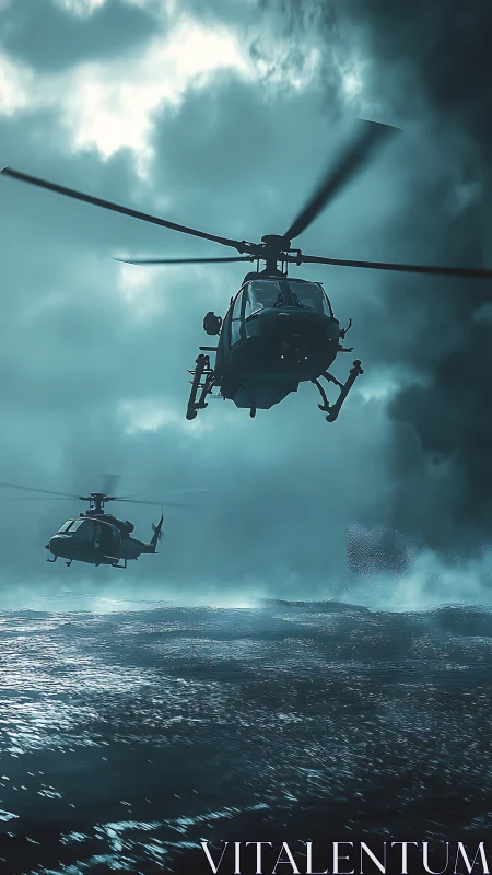 Military helicopters fly low over turbulent ocean water