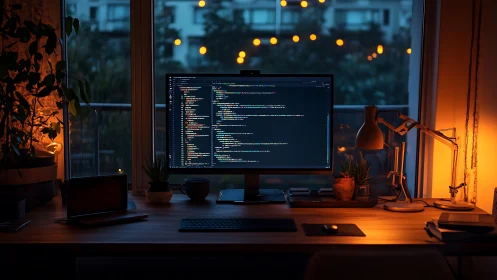 Nocturnal software workstation with dual-tone ambient lighting.