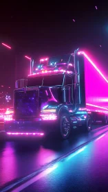 Neon-lit articulated semi truck on wet highway at night