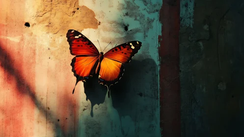 Sunlit orange butterfly resting softly on a weathered wall.