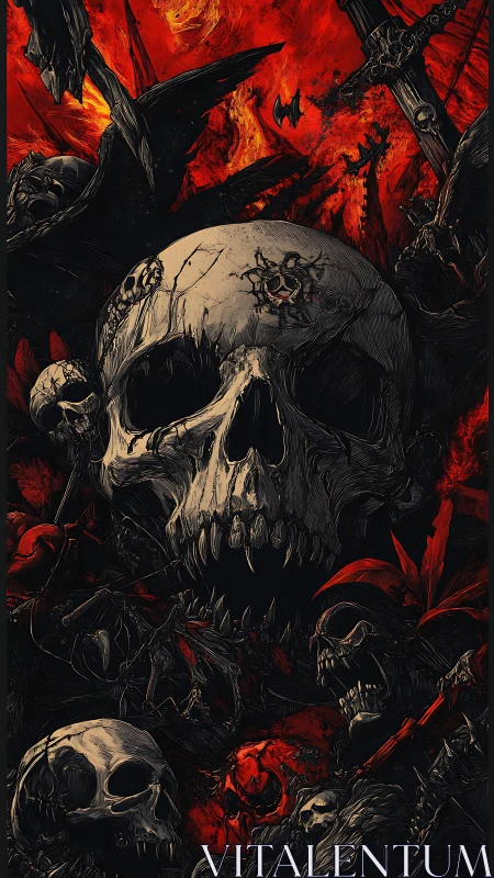 Grim skull collage in fiery hellscape with swords and bats.