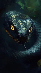 Snake head dominates dark frame with glowing yellow eyes