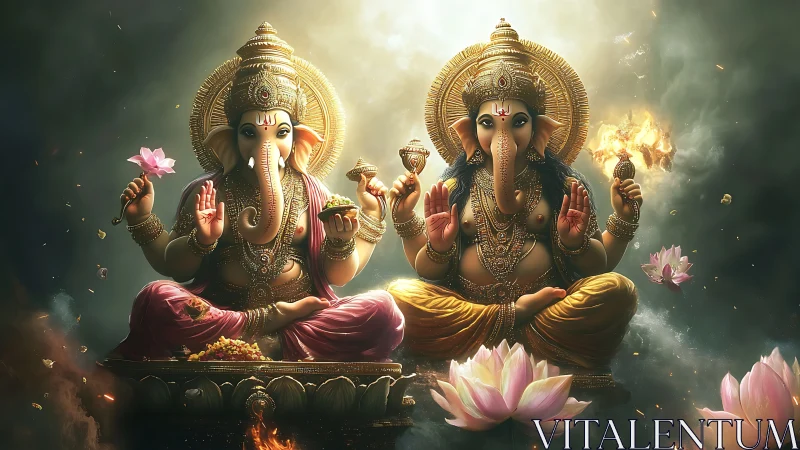 Twin Ganesha guardians glow in lotus-lit celestial mist