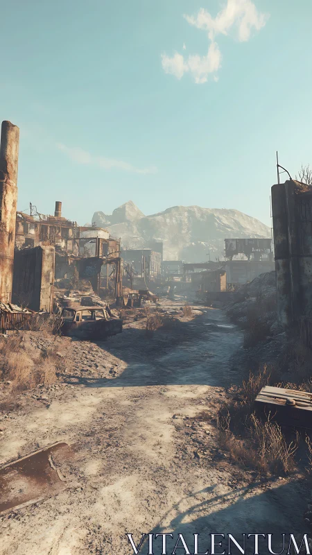 Ruined settlement street with distant rocky hills under sky.