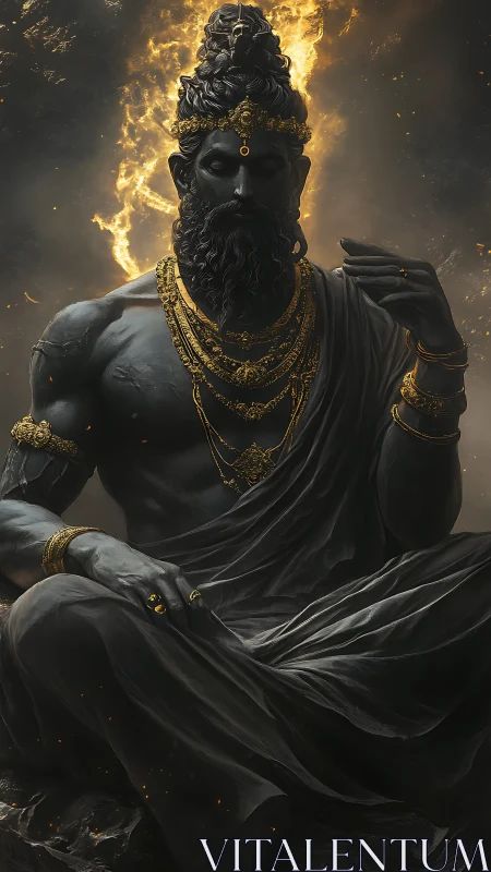 Seated dark-robed figure with gold adornment and flames.