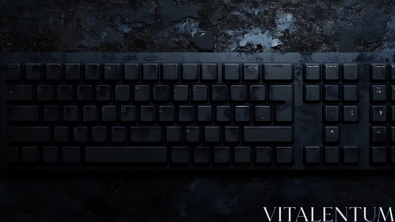 Full-size black keyboard on dark textured surface.