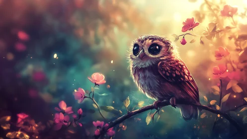 Whimsical Baby Owl on Flowering Branch in Dreamy Light, Digital Art.