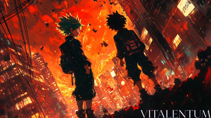 Backlit youths survey incendiary anime cityscape under debris-filled sky