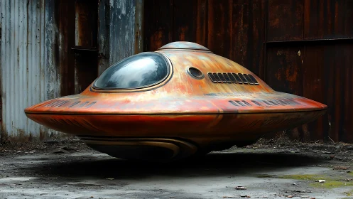 Rust-colored disc-shaped vehicle in industrial yard.