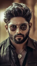 Cinematic close-up of bearded man in reflective aviator sunglasses.