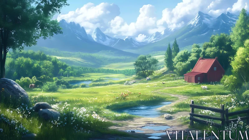Sunlit mountain meadow welcomes a quiet red farmhouse