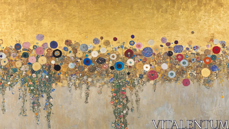 Abstract golden floral field with vibrant circular blooms, modern style.