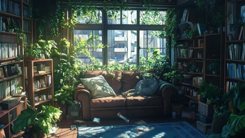Sunlit reading nook overgrown with lush indoor garden.