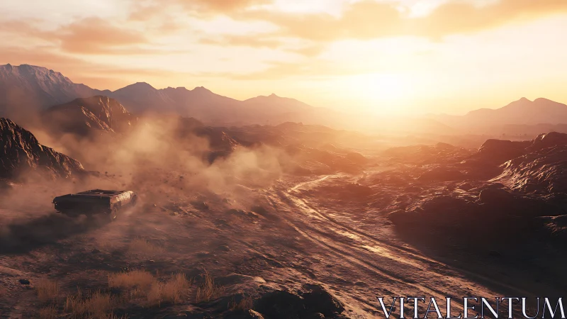 Sunlit desert highway with dust trail and retro muscle car.