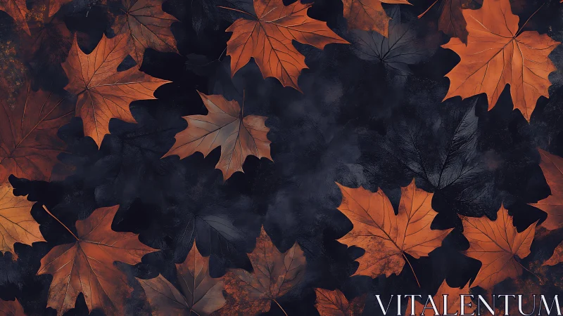 Overhead pattern of orange maple leaves on dark ground.