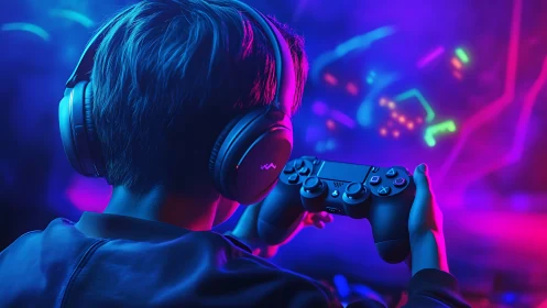 Young gamer immersed in neon glow and focused playtime.