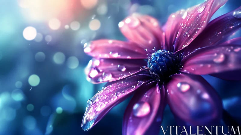 Magenta Daisy With Dew Drops and Blue Center.