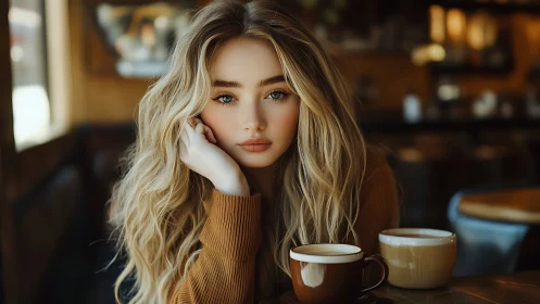 Woman with long blonde hair sitting in warm cafe interior.