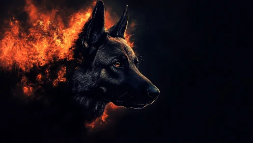 Fiery guardian hound emerging from midnight shadows.