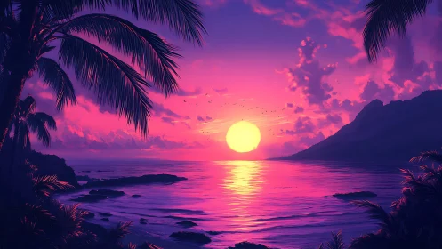 Neon tropic sunset digital painting with cinematic framing.