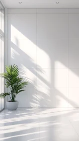 Indoor potted palm beside white wall in bright daylight.