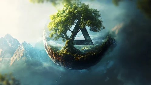 Floating island with lone tree and geometric triangle portal.