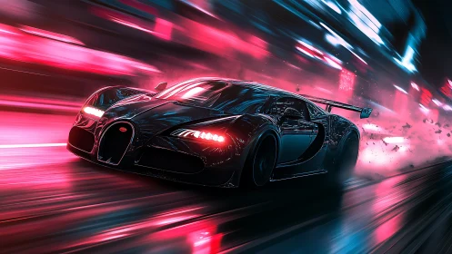 Neon storm hypercar tears through electric night streets.