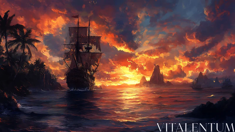 Sailing ship crosses coastal bay under dense sunset clouds