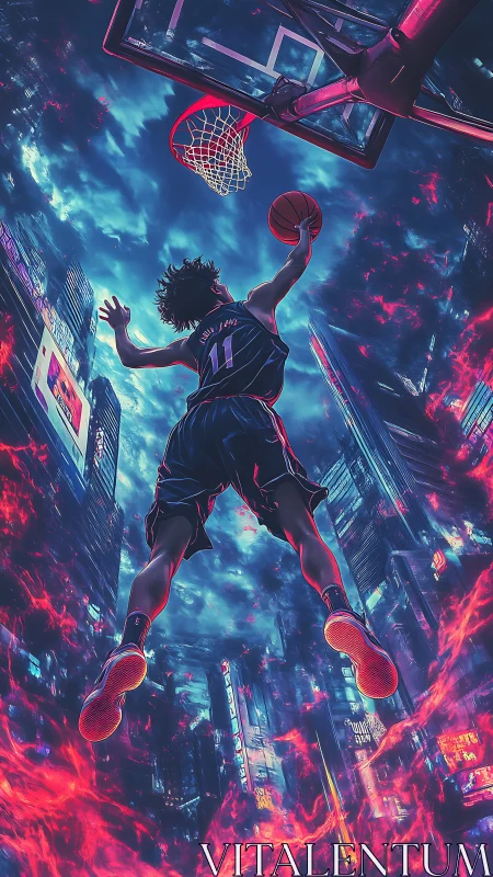 Cyberpunk basketball dunk over neon city skyline at night.