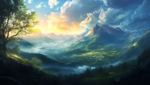 Sunlit alpine valley with misty peaks and dramatic clouds.