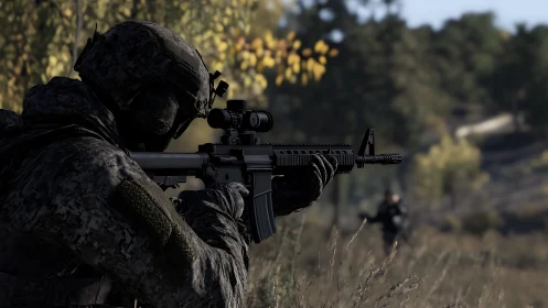 Soldier in camouflage aiming rifle in outdoor woodland setting.