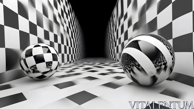 Playful chrome spheres in a bold black and white corridor.