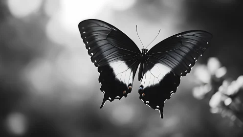 Monochrome butterfly wings spread against blurred bokeh field.