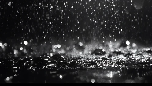 Glistening raindrops over wet pavement in monochrome focus.