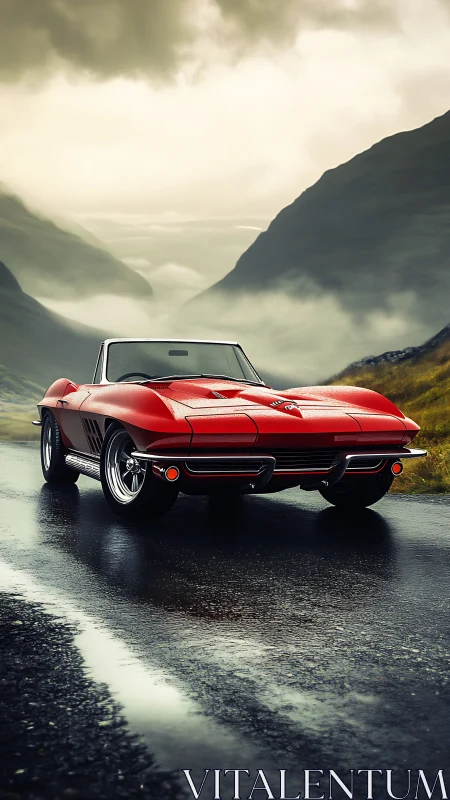 Scarlet classic Corvette prowls a misty mountain highway.