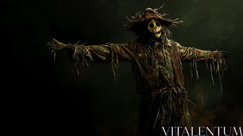 Sinister scarecrow looms in smoky moonlit cornfield dusk