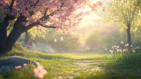 Sunlit cherry blossom path drifting into soft spring dreams.
