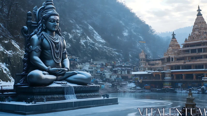 Massive Shiva statue by riverside temple in winter landscape.