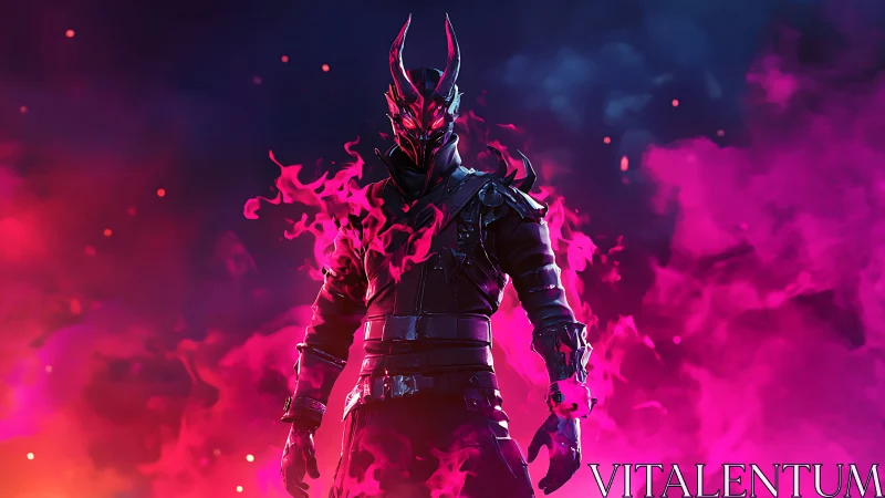 Demonic armored warrior stands in neon pink infernal flames